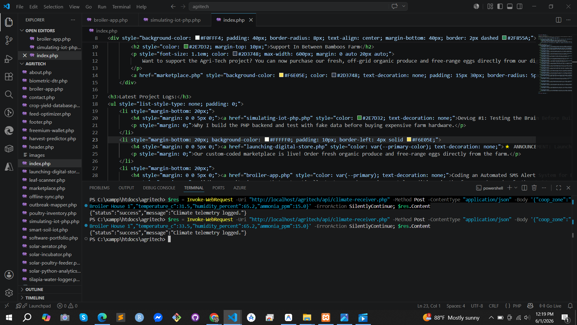 XAMPP PowerShell Terminal showing success message